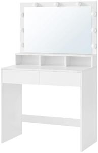 VASAGLE Vanity Desk, Makeup Vanity, Vanity Table with Large Mirror, LED Lights with Adjustable Brightness, 2 Drawers and 3 Compartments, Modern Makeup Desk, White URDT185T14
