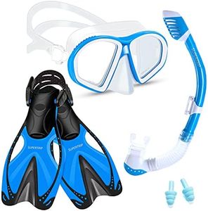 Supertrip Kids Snorkeling Set, Snorkeling Gear for Kids, Children Mask Fin Snorkel Set with Tempered Glass, Snorkel Mask Diving Goggles, Dry Top Snorkel, Adjustable Swim Fins for Boys Girls Age 6-14