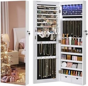 SONGMICS Hanging Jewelry Cabinet, Wall-Mounted Cabinet with LED Interior Lights, Door-Mounted Jewelry Organizer, Full-Length Mirror, Christmas Gift Idea, White UJJC99WT
