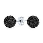 Black Pave Crystal Disco Ball Stud Earrings for Women and Teens - Round, Simple, Basic Design - .925 Sterling Silver - 8MM