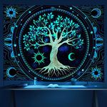 Tapestry for Bedroom Aesthetic Black Light Tree of Life Tapestry UV Reactive Trippy Tapestry Colorful Wall Tapestry Hippie Sun Moon Star Galaxy Space Tapestries Green Forest Wall Hanging Decor Vibrant Nature Home Posters