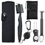 OUYILE Golf Accessories Clean Tool Set, Golf Towel, Golf Club Brush,Golf Club Groove Sharpener and Divot Repair Tool with Golf Pouch Bag, Golf Essentials Tool Kit for Men(Black)