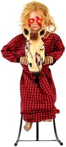 Haunted Hill Farm 3.2-Ft Animatronic Rocking Horse Girl, Halloween Animatronic, Creepy Gothic Horror Movie Décor, Scary Macabre Party Decoration with Voice & Sound-Activated Lights & Sound, Life-Size