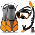 Seavenger Adult Diving Snorkel Set- Dry Top Snorkel/Trek Fin/Single Len Mask/Gear Bag- Blue/red/yellow/black/bs (Gray/Black Silicon/Orange, S/M - Size 4.5 to 8.5)