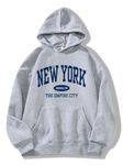 Avanova Women New York Brooklyn Graphic Oversized Drawstring Long Sleeve Hoodie with Pocket, Grey, Medium