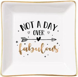 SANDJEST Not A Day Over Fabulous Ceramic Jewelry Dish Funny Birthday Jewelry Tray Ring Dish Plate Holder Presents Gifts for Women Her