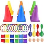 Waylipun Ring Toss Game Set, 4 In 1 Carnival Combo Set with Bean Bags Plastic Cones Throwing Rings Egg & Spoon Race Kit for Kids Children Adults Family Outdoor Indoor Yard Lawn Garden Games