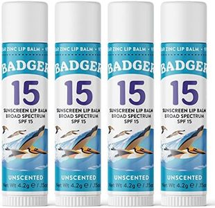 Badger Sunscreen Lip Balm SPF 15, Organic Mineral Sunscreen SPF Lip Balm with Zinc Oxide, Reef Friendly, Broad Spectrum, Water Resistant, Unscented, .15 oz (4 Pack)