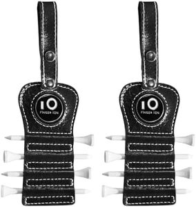 FINGER TEN Golf Tee Holder with Ball Marker and 4 Pcs Wood Tees Value Pack, Luxury Leather Gift Hook to Golf Bag Belt Clip (2 in Black)