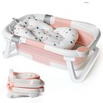 Collapsible Baby Bath Foldable Tub Bathtub Newborn with Seat Support Cushion & Stand Folding Baths for Toddler 0-6 Months Foam Pillow Travel Portable Infant Tubs Soft Bathing Insert Pad Kids Pink