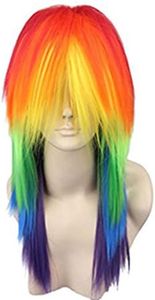 Anogol Hair Cap+ Long Straight Wig Rainbow Wig Colorful Synthetic Wig for Women Men Multi-Colored Cosplay Wig Anime Wig for Halloween Costume Christmas Party Outfit