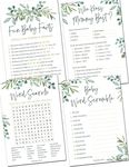 Baby Shower Games for Boy or Girl - Set of 4 Games for 30 Guests - Double Sided Cards - Floral Greenery Eucalyptus Flowers