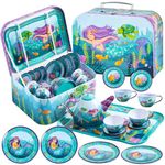 JOYIN Mermaid Tea Set for Toddlers Tea Party Set for Children Kids Pretend Role Play Tin Teapot Set with Cups, Plates and Carrying Case Kitchen Toy for Little Girls Birthday Gifts Age 3 4 5 6