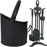 Simpa® Classic Black Metal Fireside Coal Fire Log Scuttle Metal Handle Bucket Kindling Hod with 5 Piece Cast Iron Looped Companion Set