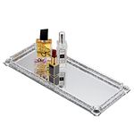 JuxYes Crushed Diamond Cosmetic Makeup Tray Sparkle Mirrored Vanity Tray, Heavy Decorative Jewelry Trinket Countertop Organizer Tray for Dresser Bathroom Bedroom