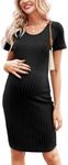 Ekouaer Maternity Dress Rib Knit Short Sleeve Bodycon Dresses Casual Stretchy Pregnancy Baby Shower Clothes Black Small