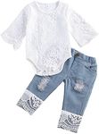 Juflam Toddler Infant Baby Girl Clothes Embroidered Lace Romper Ripped Jeans Denim Pants Outfit Set (White-long, 0-6 Months)