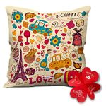 Indigifts Printed Cushion Cover with Filler | Paris Travel Print | Polysatin | 12x12 Inches | Comfortable Beige Cushions | Romantic Soft Decorative Pillows | Unique Quirky Gifts