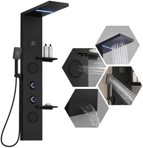 Homevacious 4 In 1 Shower Panel Shelf LED Rainfall Shower Head and Adjustable Massage Body Jets 3-Functions with Handheld Shower Tub Spout Stainless Steel Bathroom Shower Fixtures Matte Black