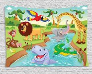 Ambesonne Children Tapestry, Cartoon Safari Animals Swimming in The Lake Elephant Lions and Giraffe Art, Wide Wall Hanging for Bedroom Living Room Dorm, 60" X 40", Blue Green