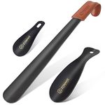 ZOMAKE Metal Shoe Horn 3Pcs - 16.5 inch Shoehorn Long Handled with Leather Handle for Seniors Men Women - 7.5&3.9 inch Stainless Steel Shoe Horns with Hook(Black)