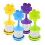 4 Pack Loose Leaf Tea Infuser with Drip Tray, Extra Fine Mesh Loose Tea Infuser Tea Steeper for Loose Tea with Silicone Lid,Stainless Steel Tea Cup Filter for Loose Leaf/Herbal Tea(4pcs,Flower D)