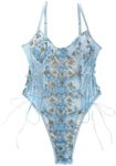 Lilosy Women Sexy Lace Up Floral Embroidered Teddy Lingerie Bodysuit Top Mesh Sheer One Piece, Light Blue, Medium