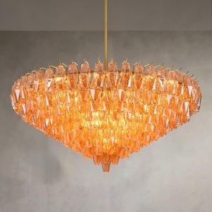 Gold Crystal Chandelier, 48" Modern Luxury Round Amber Glass 10-Tier Chandelier for Dining Room, Large Brass 26-Light Tiered Chandeliers Light Fixture for Living Room, Bedroom, Entryway, Staircase