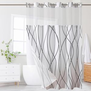 ECUCM Shower Curtain with Snap in Removable Liner for Bathroom Bathtubs 71"W X 74"H, Shower Curtain Liner with 2 Large Magnets, 100% Polyester Waterproof Fabric, Machine Washable, Grey White Striped