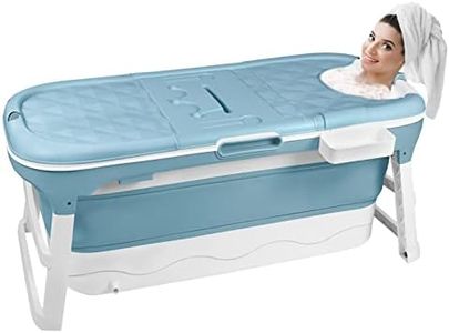 Uisebrt - Baignoire pour adulte - Pliable et portable - Avec couvercle amovible, panier à savon et rouleau de massage - Taille L - 128 x 62 x 53 cm - Convient pour petite salle de bain - Bleu
