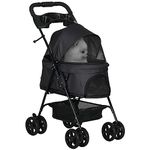 PawHut Dog Pram Dog Stroller Foldable Pet Pushchair with 4 Wheels, Safety Leashes, Cup Holder for Small Dogs, Black