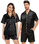 SWOMOG Mens Pyjama Set Short Sleeve Couples Pyjamas Silk Satin Button Down Sleepwear Black