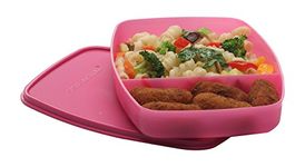 Signoraware Slim Compartment Lunch Box, Bpa Free Plastic, Microwave Safe Food Grade Tiffin Boxes for Office School, Leak Proof Air Tight Compact Dabba (610ml, Square, Pink, 2 Section Storage)