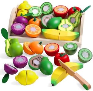 Wooden Toys Play Food Sets for Kids Kitchen Accessories Cutting Montessori Toys for 2 Year Old Toddlers Pretend Play Fake Fruit Vegetable Educational Birthday Gifts for 3 4 Years Girls Boys