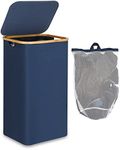 efluky XL 100L Laundry Baskets with Lid, Clothes Basket Laundry Hamper with Bamboo Handles & Inner Bags for Drity Cloth Organizer, Collapsible Laundry Box for Bedrooms Blue