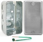 (Pack of Box and Cover) 4x2 Inch Utility Electrical Box, Outlet Box, Blank Utility Size Cover, Drawn Construction, Ten ½’’ Knockouts, Raised Ground, 1-7/8” Deep, 13 Cu. in. Capacity, Galvanized Steel