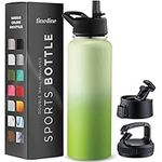 FineDine Triple Walled, Insulated Water Bottles with Straw - 40 Oz Stainless Steel Metal Bottle W/ 3 Leak Proof Lids - For Travel, School, Sports, Gym / Men, Women & Kids - Dreamy Green