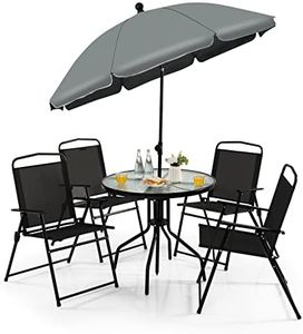 GOPLUS 6Pcs Ensemble Salon de Jardin avec 4 Chaises Pliantes en Textilène, Table Basse en Verre Trempé et Parasol, pour Patio, Balcon et Terrasse Jusqu’à 150KG