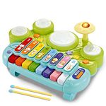 Fisca 3 in 1 Musical Instruments Toys, Electronic Piano Keyboard Xylophone Drum Set - Learning Toys with Lights for Baby & Toddler 1 2 3 Year Old Boys and Girls