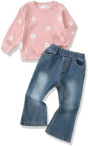 SODLON 3T Girl Clothes Toddler Girl Clothes 4T Outfits Winter Fall Knit Sweater Pullover Pink Daisy Top Jeans Bell Bottoms Denim Pants Clothing 3 4 Year Old Girl Clothes