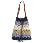 MAIRO LIFESTYLE Straw Wicker Handmade Boho Summer Beach Drawstring Tote Bag (Blue Multi)