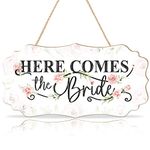 CHDITB Here Comes The Bride Wooden Hanging Sign(11.97”x4.8”), Colorful Wedding Sign Wall Decor with Rose Flowers Bouquet, Rustic Ring Bearer Wood Sign for Bride Groom Wedding Ceremony