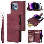 RANYOK Wallet Case Compatible with iPhone 14 Pro (6.1 inch), Premium PU Leather with RFID Blocking Card Slots Zipper Flip Folio Wallet Wrist Strap Magnetic Closure Kickstand Case (Wine Red)