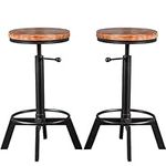 BOKKOLIK Industrial Bar Stools (Set of 2) Counter Height Adjustable 24-27.5inch Vintage Kitchen Island Stool Farmhouse Office Guest Chair Swivel Wooden Seat