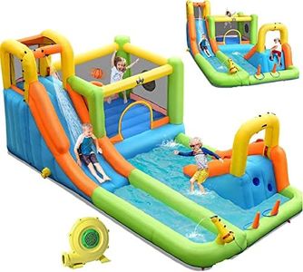 HONEY JOY 8 in 1 Inflatable Water Slide, Water Park w/Double Slides, Basketball Hoop, Water Gun, Ring Toss Game, Climbing Wall, Wet Dry Inflatable Jumping Castle for Outdoor (with 750W Blower)