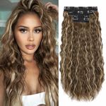 VEGALILY Curly Hair Extensions 4PCS Hair Extensions Clip in 20inch Ombre Brown Clip in Hair Extension Full Head Synthetic Fiber Hair Pieces for Women (Light Brown with Highlights)