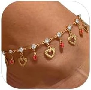 U7 Heart Charm Anklets 18k Gold Plated Red Rhinestone Foot Bracelet Jewelry For Women, 8.5"+2" Extender