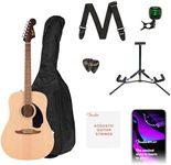 Fender California Debut Redondo Drednought Acoustic Guitar Pack in Natural. Includes a gig bag, a strap, picks, a guitar stand, clip-on tuner, Play and an extra set of strings.
