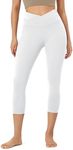 ODODOS Women's Cross Waist Cropped Yoga Leggings with Inner Pocket, Inseam 23" Gathered Crossover Workout Yoga Pants, White, Small