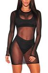 Jumppmile Women's Sheer Mesh Long Sleeve See Through Swimwear Bikini Cover Up Dress, Black, Medium